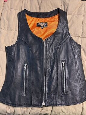 Women's Black Leather Zip-Front Vest with Orange Lining